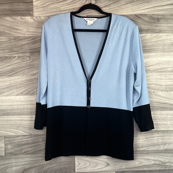 Misook Cardigan Sweater Women's Large Petite Blue Black Colorblock Button Front - Picture 1 of 13